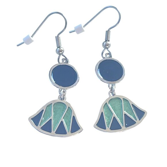 Art Deco Inspired Enamel Drop Earrings Green and Navy Blue Geometric Design for - Picture 5 of 5